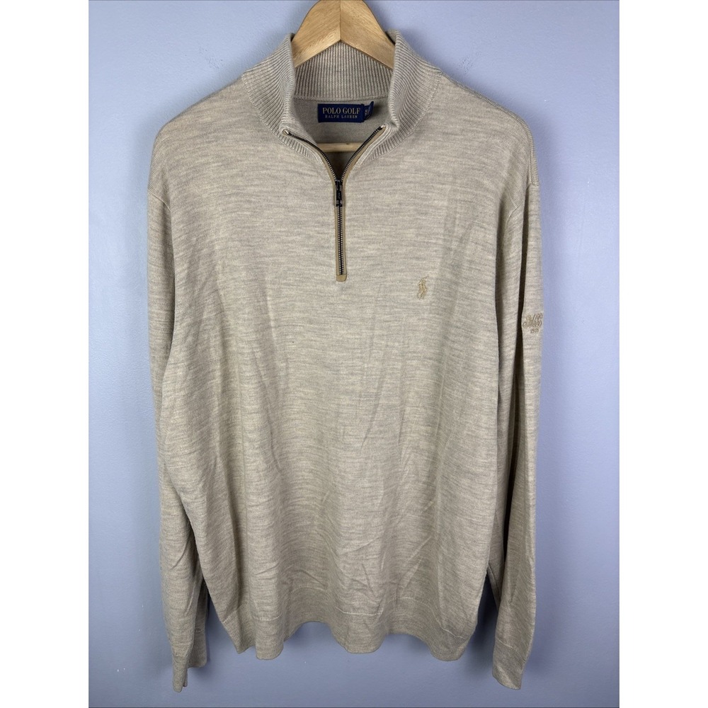 Polo Ralph Lauren Golf ‎ XL beige wool 1/4 zip solid mock neck sweater Old Money
